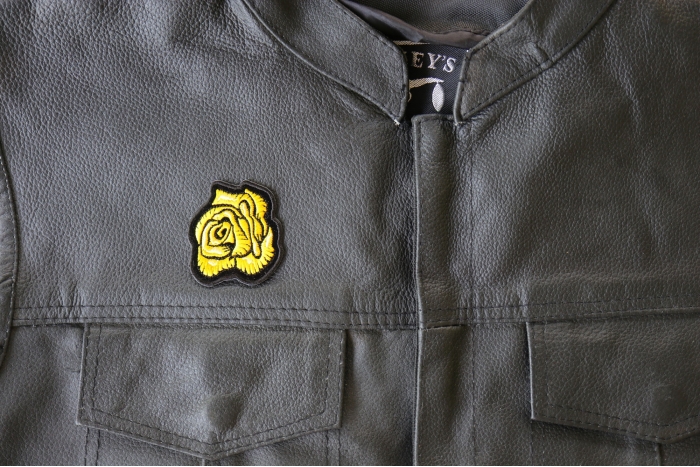Yellow Rose Patch - 2x2.25 inch - Embroidered Iron on Patch shown on leather vest
