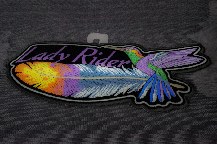 Hummingbird Lady Rider Feather Patch diagonal view