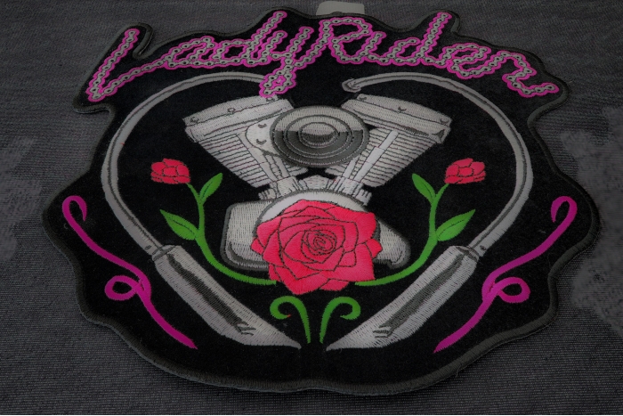 Lady Rider Rose Motorcycle Engine Patch diagonal view