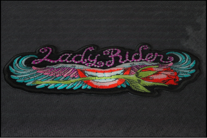 Lady Rider Patch with Crystals Rose and Wings diagonal view