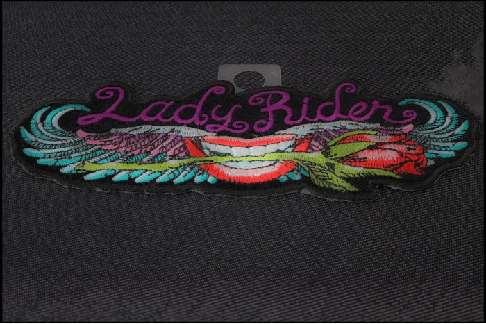 Lady Rider Patch Biting Rose diagonal view
