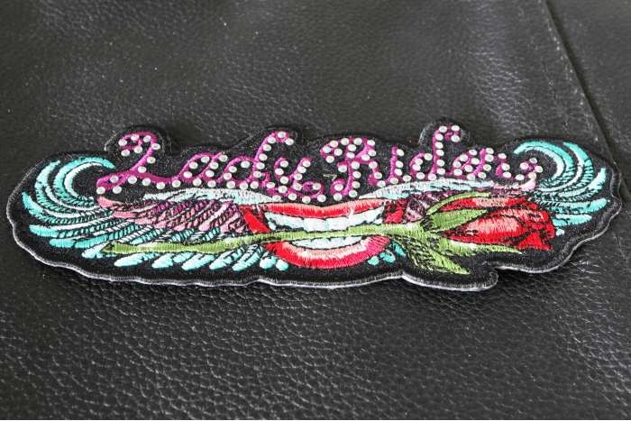 Lips and Roses Lady Rider Embroidered Iron on Patch with Crystals Lips and Roses Lady Rider Embroidered Iron on Patch with Crystals diagonal view