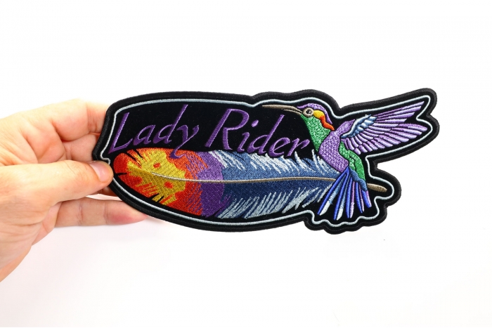 Hummingbird Lady Rider Feather Patch, Large Ladies Back Patches for Jackets shown on hand for size comparison