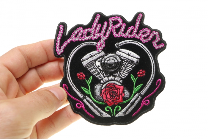 Lady Rider Patch, Small Embroidered Iron on Patches for Vests shown on hand for size comparison
