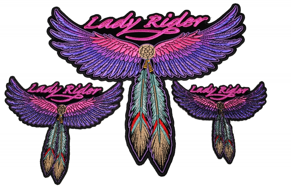Lady Rider Pink Wings and Feathers Small Medium and Large set of 3 Patches