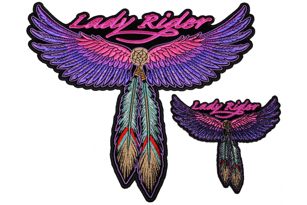 Lady Rider with Pink Wings and Feathers Small and Large set of 2 Patches