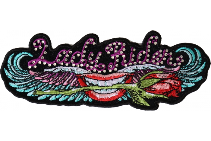 Lips and Roses Lady Rider Embroidered Iron on Patch with Crystals