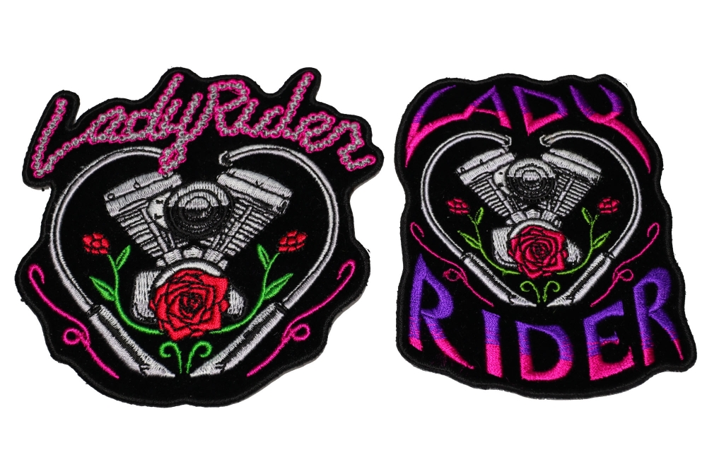 Set of 2 Small Lady Rider Patches with Motorcycle V Twin Engine