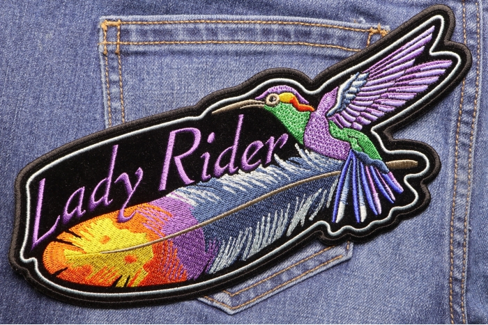 Hummingbird Lady Rider Feather Patch shown on jeans