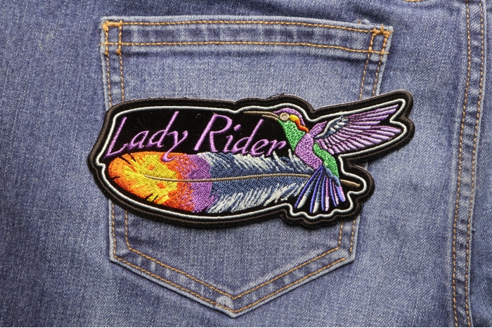 Hummingbird Lady Rider Feather Small Iron on Biker Patch shown on jeans