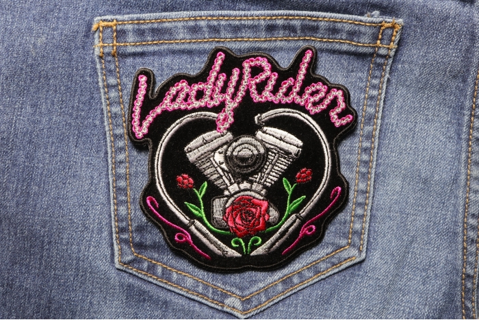Lady Rider Chain Engine Rose Patch shown on jeans