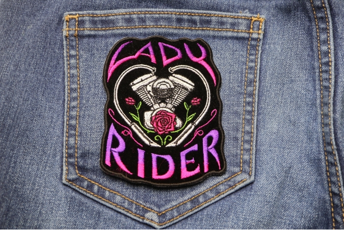Lady Rider Path with Engine Roses shown on jeans