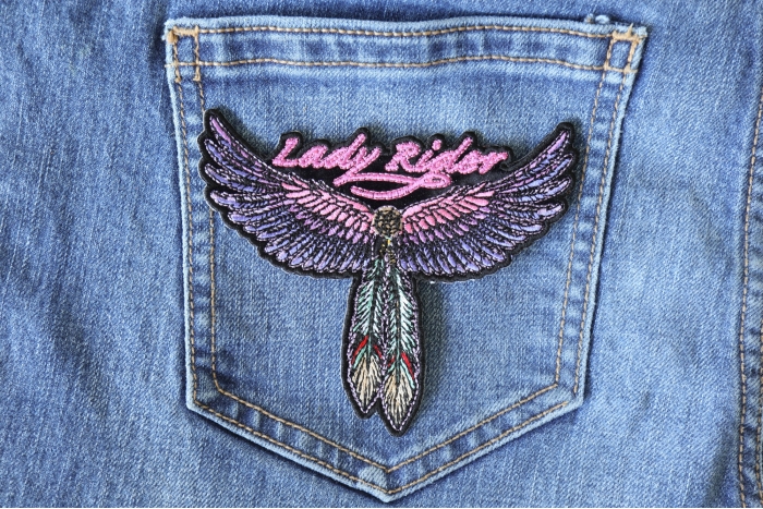 Lady Rider Wings and Feather Small Patch shown on jeans