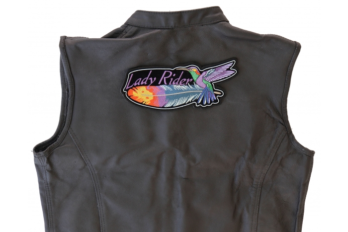 Hummingbird Lady Rider Feather Patch, Large Ladies Back Patches for Jackets shown on leather vest