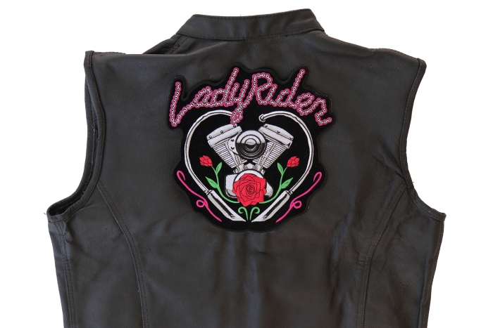 Lady Rider Rose Motorcycle Engine Patch, Large Biker Back Patches for Leather Vests shown on leather vest