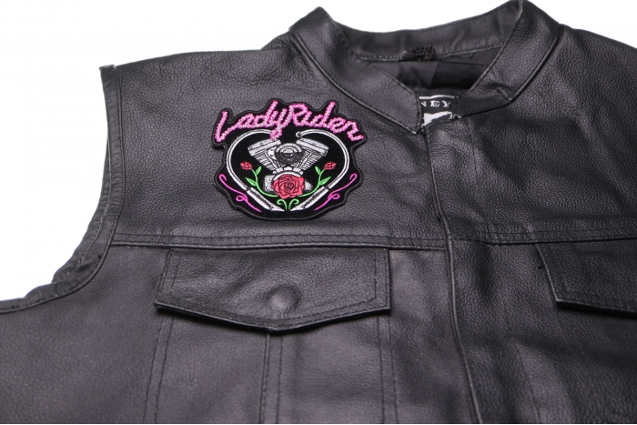 Lady Rider Chain Engine Rose Patch - 4x4 inch. Embroidered Iron on Patch shown on leather vest