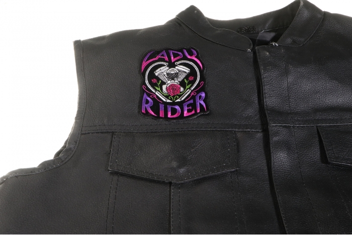 Lady Rider Path with Engine Roses - 3x3.8 inch. Embroidered Iron on Patch shown on leather vest