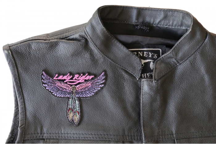 Lady Rider Wings and Feather Small Patch - 4.3x3.7 inch - Embroidered Iron on Patch shown on leather vest