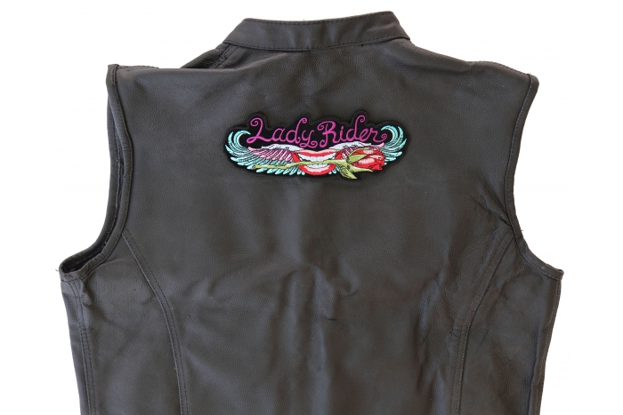 Lips and Roses Lady Rider Large Back Patch - 8x3 inch. Embroidered Iron on Patch shown on leather vest