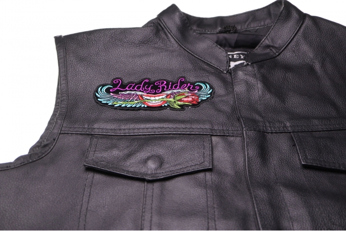 Lips and Roses Lady Rider Patch - 5.75x2.2 inch. Embroidered Iron on Patch shown on leather vest