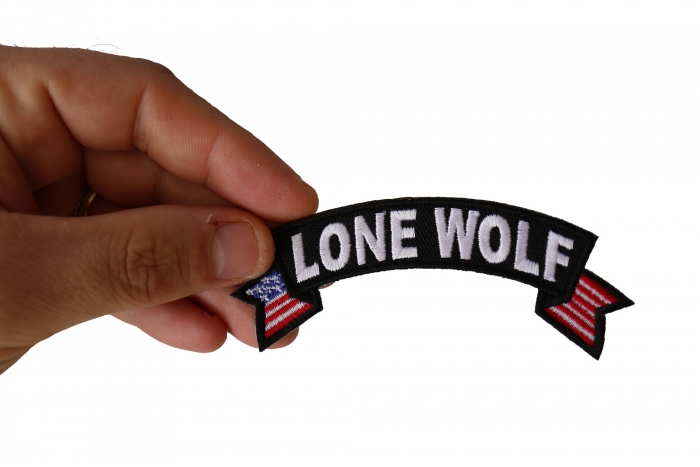 Lone Wolf Patch, Biker Sayings shown on hand for size comparison