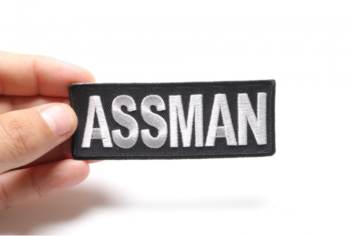 Assman Patch, Funny Patches for Adults shown on hand for size comparison