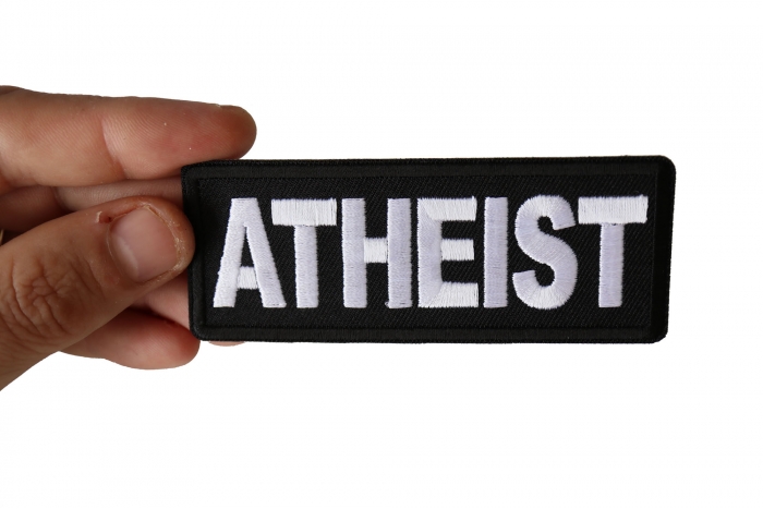 Atheist Patch shown on hand for size comparison