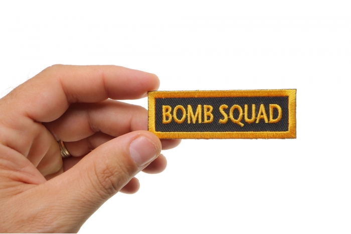 Bomb Squad Patch, Military Saying Patches shown on hand for size comparison