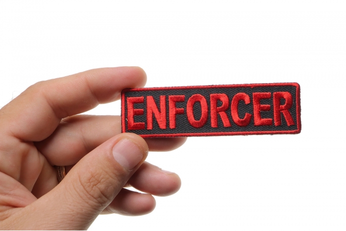 Enforcer Patch, Motorcycle Club Patches for Bikers shown on hand for size comparison