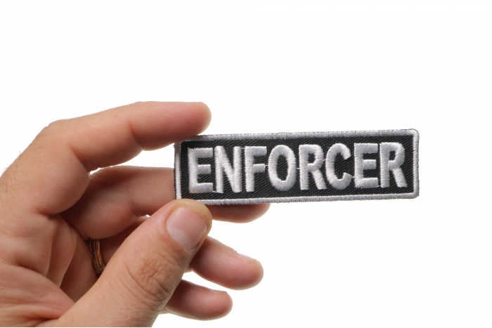 Enforcer Patch, Motorcycle Club Patches for Bikers shown on hand for size comparison