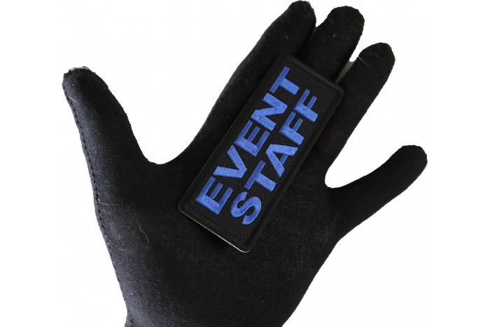 Event Staff Patch Blue shown on hand for size comparison