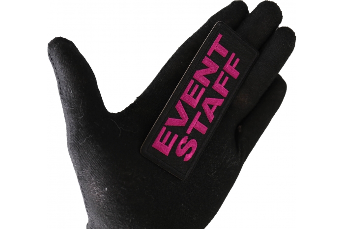 Event Staff Patch Pink shown on hand for size comparison
