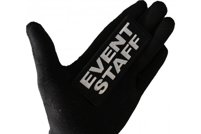 Event Staff Patch White shown on hand for size comparison