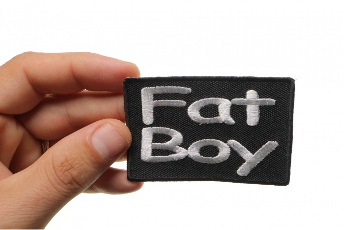 Fat Boy Patch, Biker Sayings shown on hand for size comparison