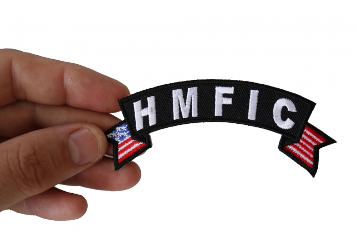 HMFIC Small Flag Rocker Patch shown on hand for size comparison