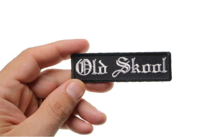 Old Skool Patch, Biker Sayings shown on hand for size comparison