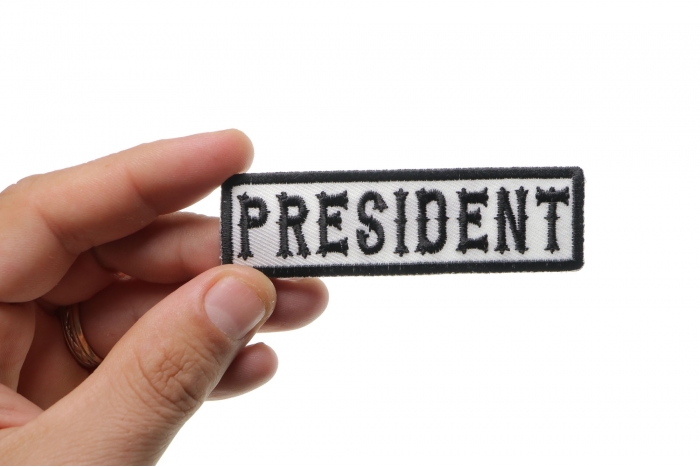 President Patch, Motorcycle Club Patches for Bikers shown on hand for size comparison