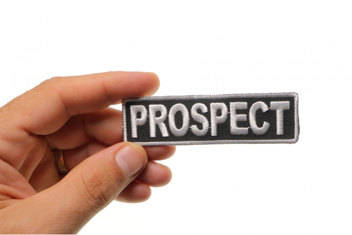 Prospect Patch, Motorcycle Club Patches for Bikers shown on hand for size comparison