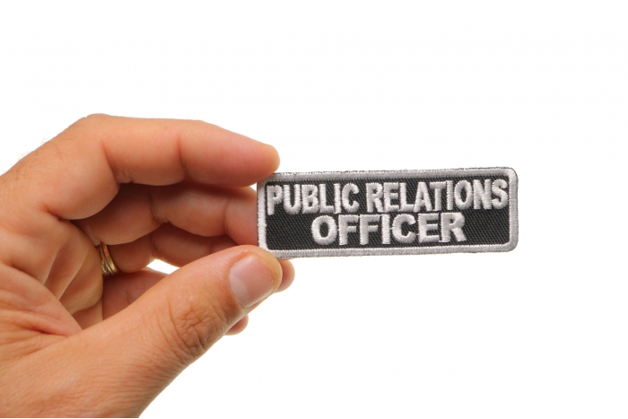 Public Relations Officer Patch, Motorcycle Club Patches for Bikers shown on hand for size comparison