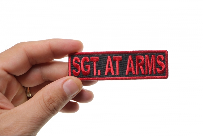 Sgt At Arms Patch, Motorcycle Club Patches for Bikers shown on hand for size comparison