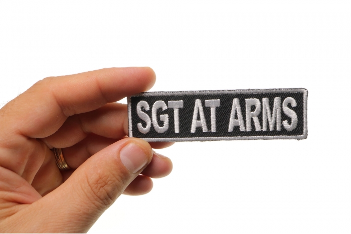 Sgt At Arms Patch, Motorcycle Club Patches for Bikers shown on hand for size comparison