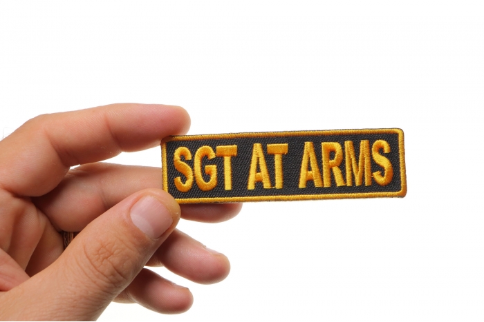 Sgt At Arms Patch, Motorcycle Club Patches for Bikers shown on hand for size comparison