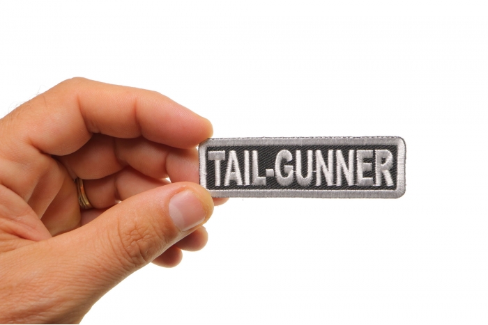 Tail Gunner Patch, Motorcycle Club Patches for Bikers shown on hand for size comparison