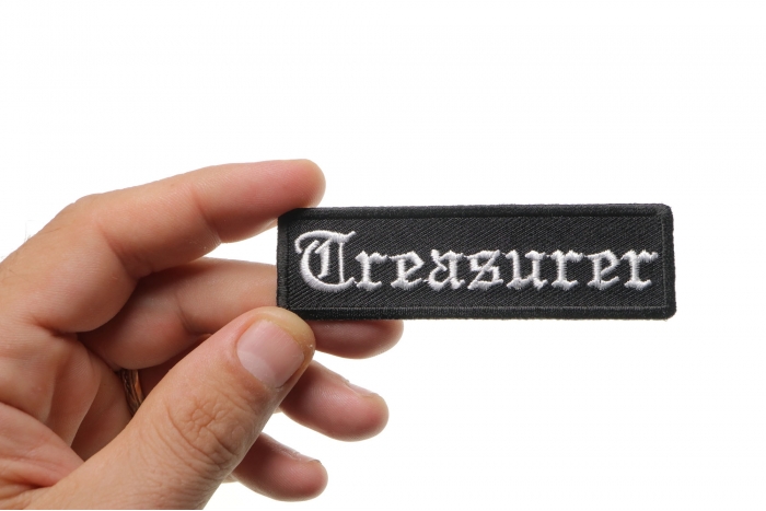 Treasurer Patch, Motorcycle Club Patches for Bikers shown on hand for size comparison