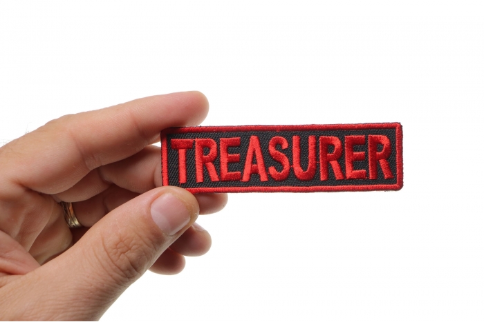 Treasurer Patch, Motorcycle Club Patches for Bikers shown on hand for size comparison