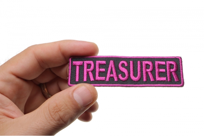 Treasurer Patch, Motorcycle Club Patches for Bikers shown on hand for size comparison