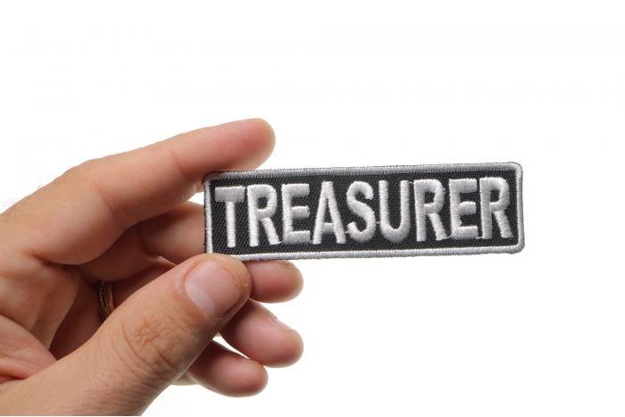 Treasurer Patch, Motorcycle Club Patches for Bikers shown on hand for size comparison