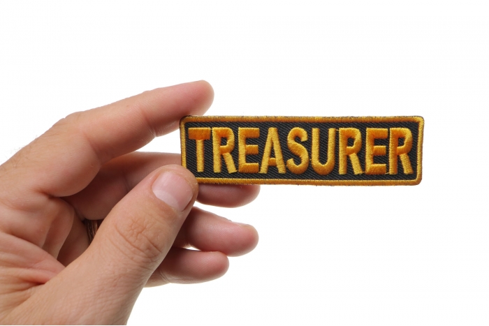 Treasurer Patch, Motorcycle Club Patches for Bikers shown on hand for size comparison