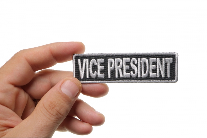 Vice President Patch, Motorcycle Club Patches for Bikers shown on hand for size comparison