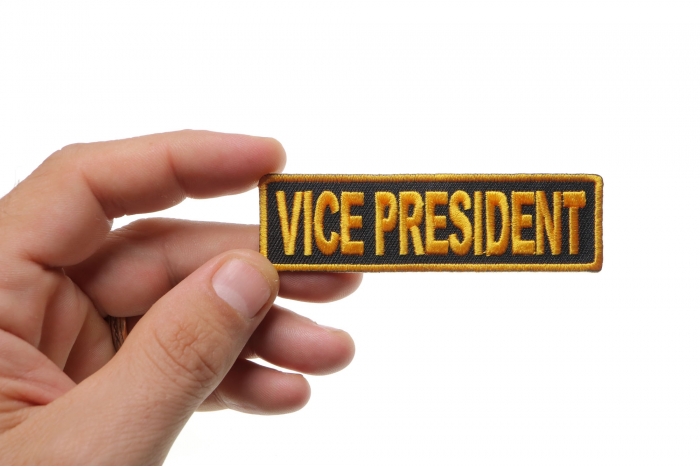 Vice President Patch, Motorcycle Club Patches for Bikers shown on hand for size comparison